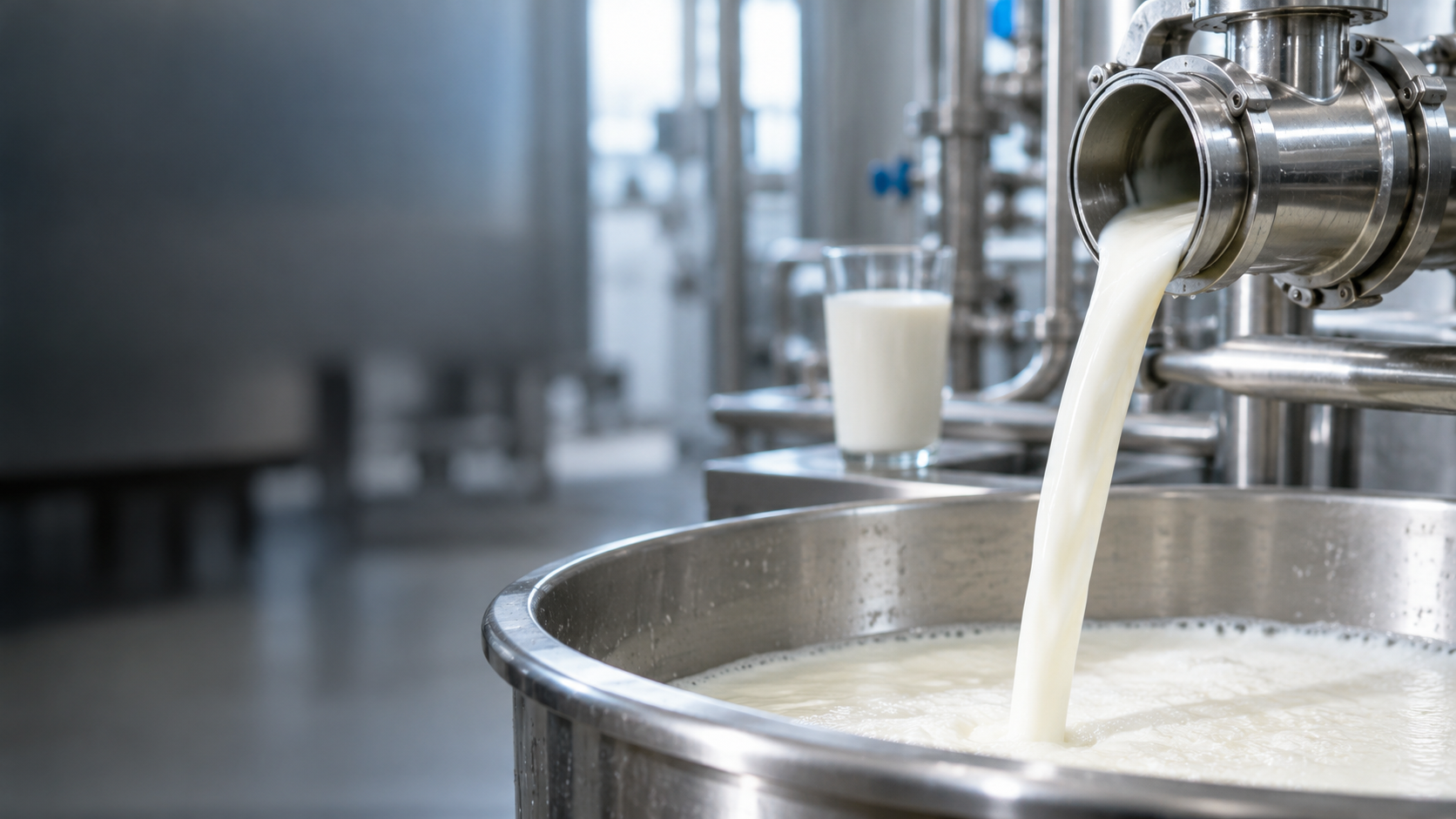 Milk and stainless dairy-processing equipment in natural light